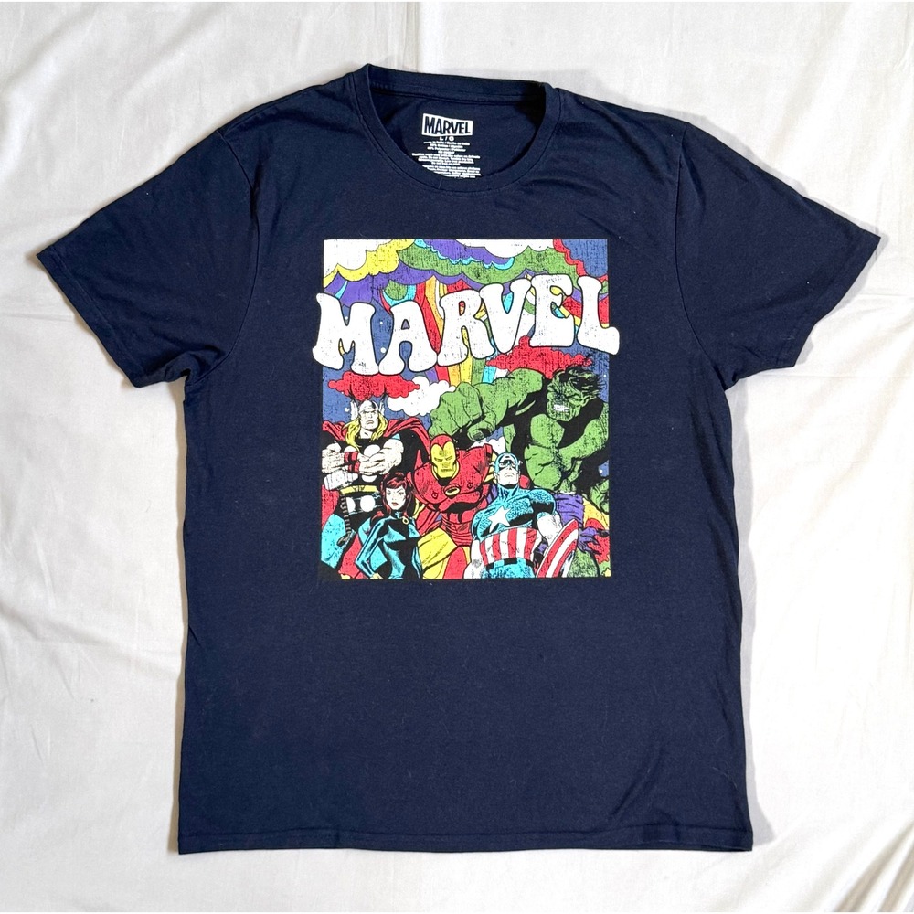 Marvel Avengers Graphic T-Shirt Mens Large Navy‎ Blue Retro Comic Art Tee L